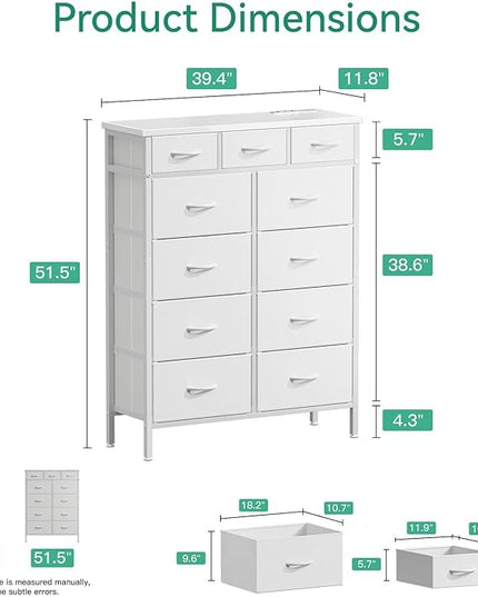 AODK Dresser with Charging Station, 52 Inches Tall Dresser for Bedroom with 11 Storage Drawers, Large Fabric Dressers for Living Room, Hallway, White - LeafyLoom