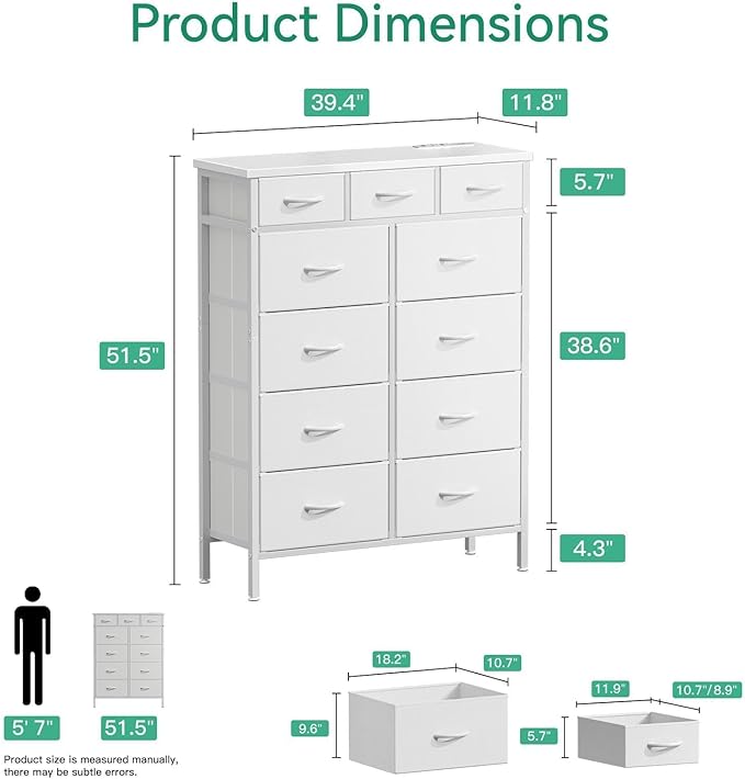 AODK Dresser with Charging Station, 52 Inches Tall Dresser for Bedroom with 11 Storage Drawers, Large Fabric Dressers for Living Room, Hallway, White - LeafyLoom