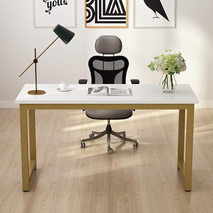 Tribesigns Modern Computer Desk, 55 inches Large Office Desk Computer Table Study Writing Desk for Home Office, White Gold Metal Frame - LeafyLoom