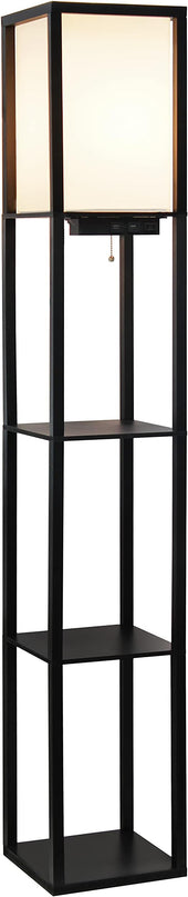 Simple Designs LF1037-BLK Floor Lamp Etagere Organizer Storage Shelf with 2 USB Charging Ports, 1 Charging Outlet and Linen Shade, Black - LeafyLoom