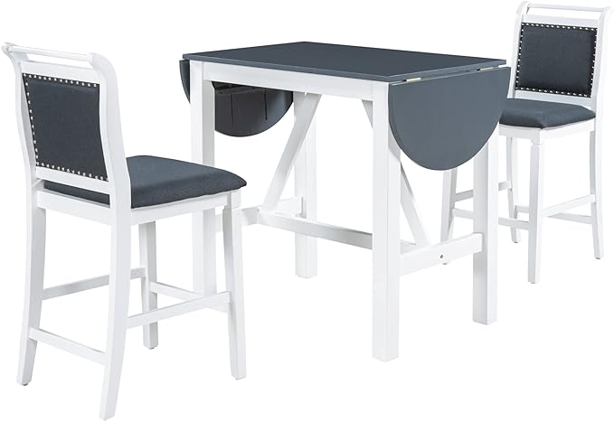 Voohek, Small 3-Piece Counter Height Dining Table Set, with Drop Leaf, 2 Upholstered Chairs, Space, Bar, Home Kitchen Breakfast, White - LeafyLoom