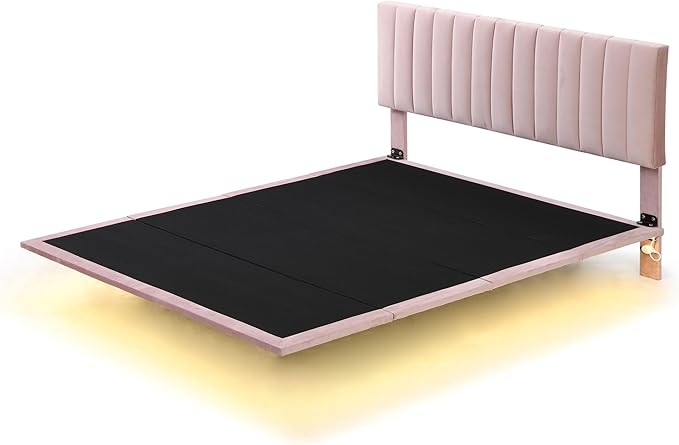 RITSU Queen Size Upholstered Floating Velvet Platform Bed with Sensor Light and Headboard, Plywood & Solid Bedframe, for Apartment Bedroom, No Need for Box Springs, Pink - LeafyLoom