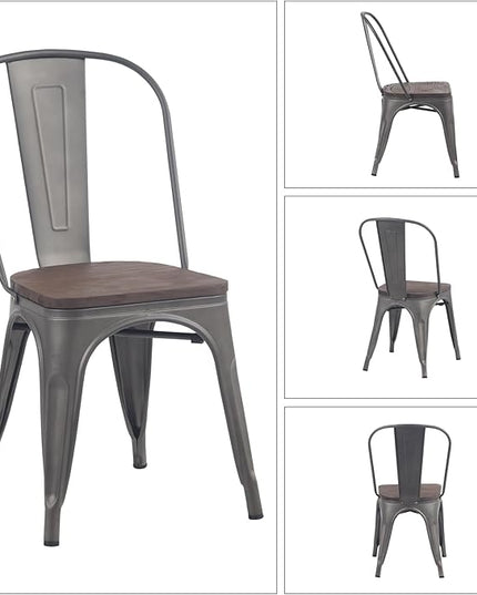YOUNIKE Metal Dining Chairs Set of 4 Iron Stackable Removable Back Wood Seat Patio Chairs Rubber Feet Stylish Modern Indoor Outdoor Classic Chic Industrial Vintage Bistro Kitchen Rusty Grey - LeafyLoom