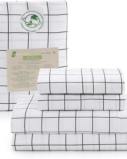 LANE LINEN 100% Organic Cotton Sheets Queen, 4-Piece Bed Sheets Queen Size Cotton, Luxury Sheets, Percale Weave,Breathable Bed Sheets Queen Size Deep Pockets Fits Upto 15" - Windowpane - LeafyLoom