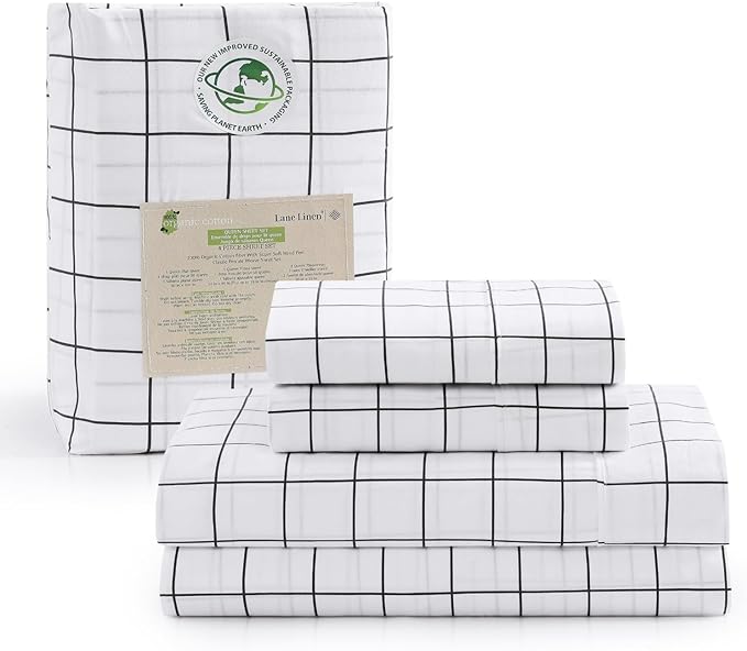 LANE LINEN 100% Organic Cotton Sheets Queen, 4-Piece Bed Sheets Queen Size Cotton, Luxury Sheets, Percale Weave,Breathable Bed Sheets Queen Size Deep Pockets Fits Upto 15" - Windowpane - LeafyLoom