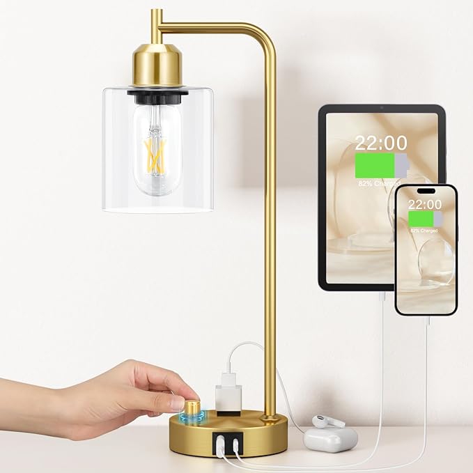 Innqoo Gold Table Lamp for Bedroom - Industrial Bedside Lamp with USB Port and Outlet, Fully Dimmable Nightstand Lamp with Clear Glass Shade, Small Desk Lamps for Home Office - LeafyLoom