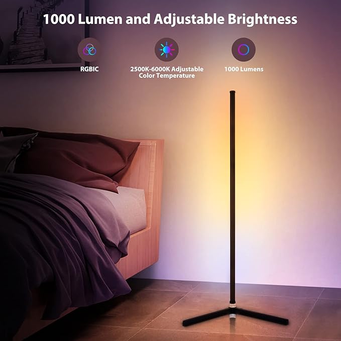 RGB Corner Floor Lamp, Bluetooth APP and Remote Control Music Sync LED Modern Floor Lamp for Living Room, Light Timing, 398 Dimmable Modes, 64.5" RGB Color Changing Mood Lighting - LeafyLoom