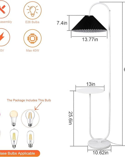 Modern Elegant with Tray Floor Lamp for Office Cafe Den Living Room Bedroom, Foot Switch and White Paint, Black Pleated Cloth Lampshade - LeafyLoom