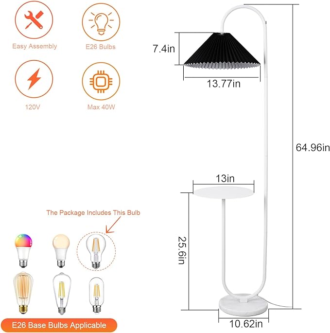 Modern Elegant with Tray Floor Lamp for Office Cafe Den Living Room Bedroom, Foot Switch and White Paint, Black Pleated Cloth Lampshade - LeafyLoom