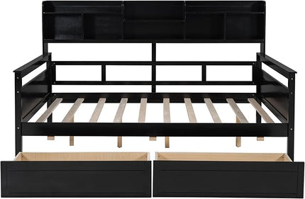 Full Size Daybed with Bedside Shelf and Two Drawers,Multifunctional Storage Solid Wood Bed,W/Wooden Slat Support,No Box Spring Needed,for Bedroom,Living Room,Apartment,Espresso - LeafyLoom