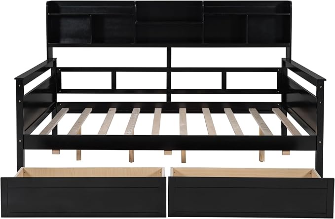 Full Size Daybed with Bedside Shelf and Two Drawers,Multifunctional Storage Solid Wood Bed,W/Wooden Slat Support,No Box Spring Needed,for Bedroom,Living Room,Apartment,Espresso - LeafyLoom