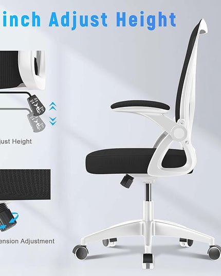 naspaluro Ergonomic Office Chair, Mid-Back Computer Chair with Adjustable Height, Flip-Up Arms and Lumbar Support, Breathable Bright White Mesh Desk Chair for Home Study Working - LeafyLoom