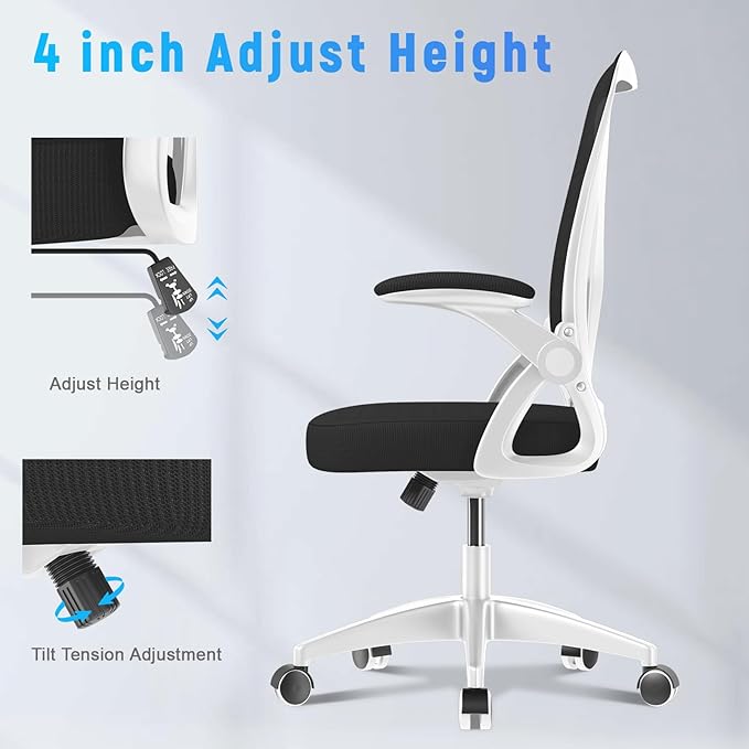 naspaluro Ergonomic Office Chair, Mid-Back Computer Chair with Adjustable Height, Flip-Up Arms and Lumbar Support, Breathable Bright White Mesh Desk Chair for Home Study Working - LeafyLoom