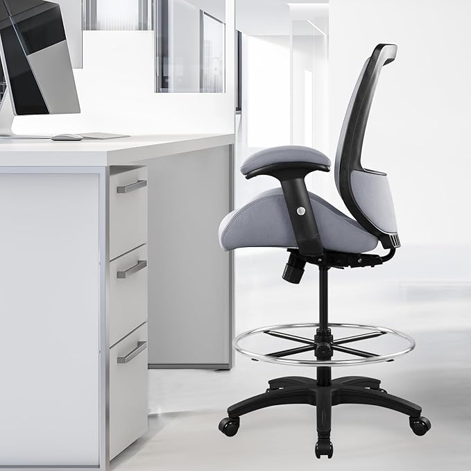 BOLISS Big and Tall 400lbs Mesh Ergonomic Drafting Chair,Tall Office Chair, Standing Desk Chair,Height Adjustable Armrest,Lumbar Support,Foot Ring,Swivel Computer Task Chair-Grey - LeafyLoom
