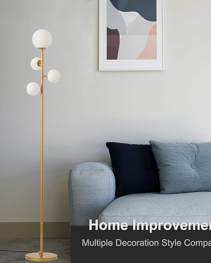 4 Globe Gold Floor Lamp, Mid Century Modern Standing Lamp with Frosted Ball Glass Shade & Warm White LED Bulbs, Contemporary Tall Tree Lamp for Living Room, Bedroom, Office - Antique Brass - LeafyLoom