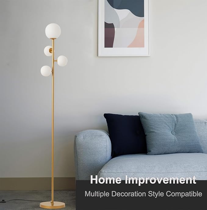 4 Globe Gold Floor Lamp, Mid Century Modern Standing Lamp with Frosted Ball Glass Shade & Warm White LED Bulbs, Contemporary Tall Tree Lamp for Living Room, Bedroom, Office - Antique Brass - LeafyLoom