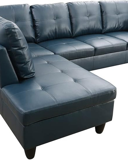 ROOMTEC Button 3 Piece L Shape Sectional Sofa Set, Upholstered Corner Couch with Storage Ottoman, Faux Leather Tufted Cushions, for Living Room, Apartment, 97inch, Denim w/Left Chaise Lounge - LeafyLoom