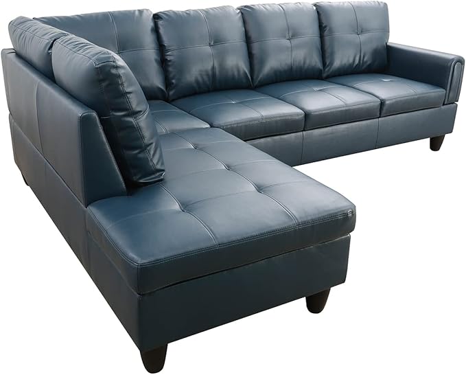ROOMTEC Button 3 Piece L Shape Sectional Sofa Set, Upholstered Corner Couch with Storage Ottoman, Faux Leather Tufted Cushions, for Living Room, Apartment, 97inch, Denim w/Left Chaise Lounge - LeafyLoom