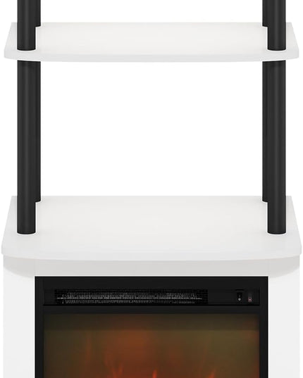 Furinno Turn-N-Tube 2-Tier Tall TV Entertainment Side Table Display Rack with Fireplace Insert, Solid White/Black - LeafyLoom