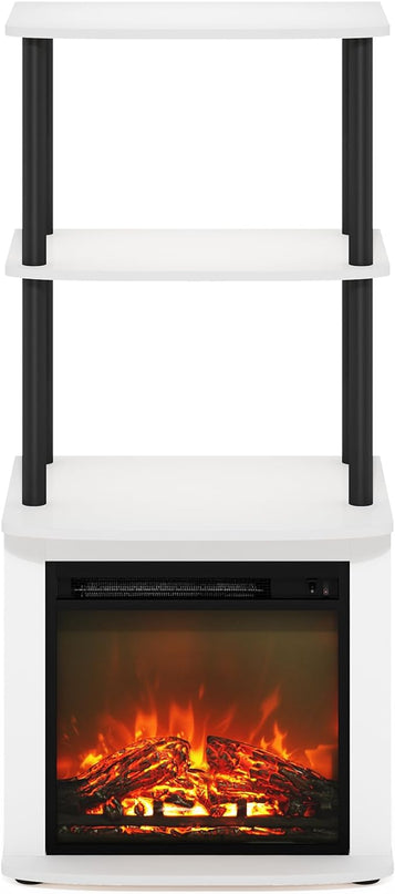 Furinno Turn-N-Tube 2-Tier Tall TV Entertainment Side Table Display Rack with Fireplace Insert, Solid White/Black - LeafyLoom