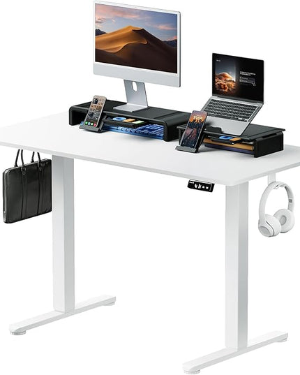 ProtoArc Standing Desk with Dual Monitor Stand Riser, 48 x 24 Inches Height Adjustable Desk with Storage, Electric Stand up Desk with Laptop Stand (Black/White) - LeafyLoom