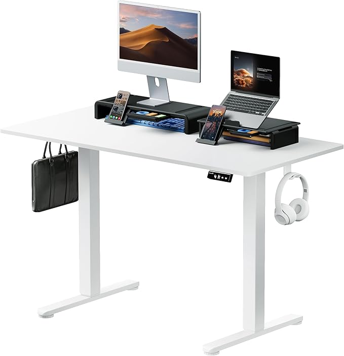 ProtoArc Standing Desk with Dual Monitor Stand Riser, 48 x 24 Inches Height Adjustable Desk with Storage, Electric Stand up Desk with Laptop Stand (Black/White) - LeafyLoom