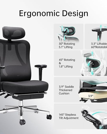Hbada P3 Ergonomic Office Chair with 2D Adjustable Armrest, Office Chair with 2D Adjustable Lumbar Support, Computer Chair with Tilt Function, Desk Chair with Footrest Black - LeafyLoom