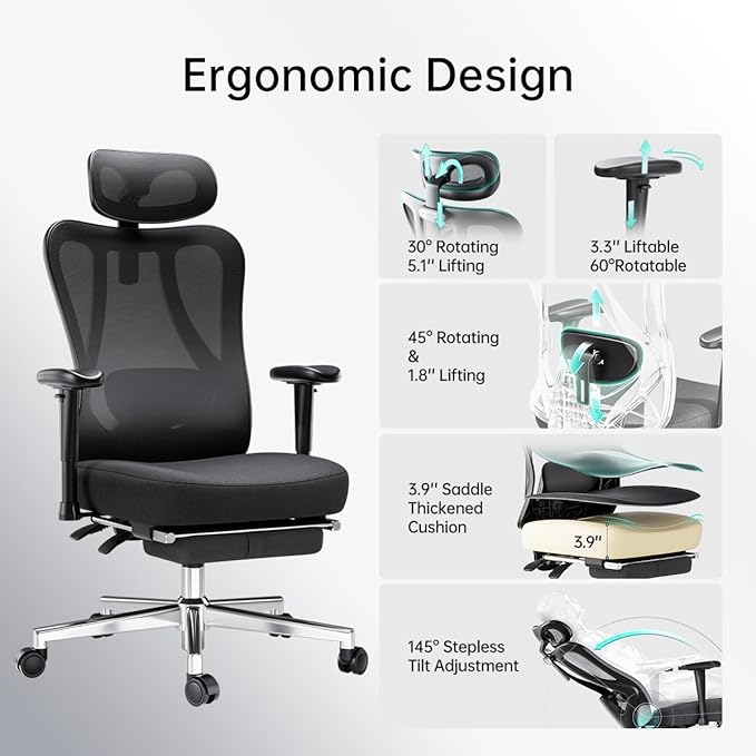 Hbada P3 Ergonomic Office Chair with 2D Adjustable Armrest, Office Chair with 2D Adjustable Lumbar Support, Computer Chair with Tilt Function, Desk Chair with Footrest Black - LeafyLoom