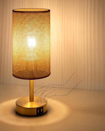 Yarra-Decor Bedside Lamp with USB Port - Touch Control Table Lamp for Bedroom Wood 3 Way Dimmable Nightstand Lamp with Round Flaxen Fabric Shade for Home Office (LED Bulb Included) (Y - NET) - LeafyLoom