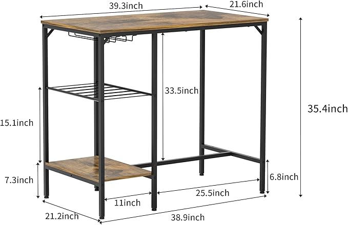 Bar Height Table and Chairs for 2, Compact Dining Table with 2 Tiers Storage Rack, Wine Rack and 2 PU Leather Upholstered Seat Stools, for Kitchen Breakfast, Small Space, Rustic Brown - LeafyLoom