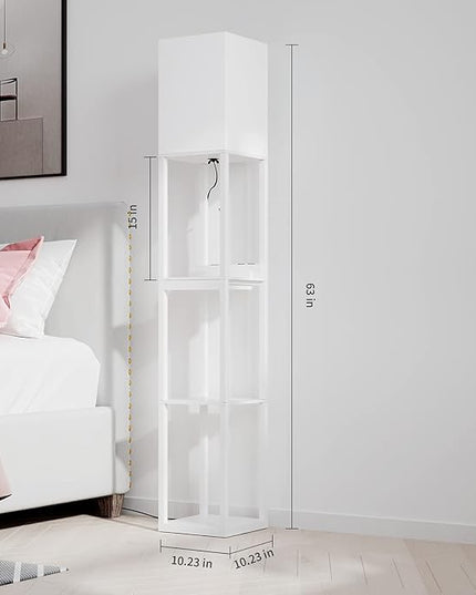 SUNMORY Dimmable Floor Lamp with Shelves,Modern Solid Wood Standing Lamp with 1 Drawer and 2 USB Ports & 2 Power Outlet,Corner Tall Bookshelf Lamp for Living Room and Bedroom(White) - LeafyLoom