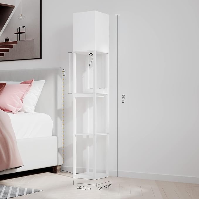SUNMORY Dimmable Floor Lamp with Shelves,Modern Solid Wood Standing Lamp with 1 Drawer and 2 USB Ports & 2 Power Outlet,Corner Tall Bookshelf Lamp for Living Room and Bedroom(White) - LeafyLoom