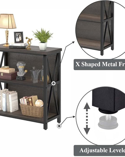 FATORRI Rustic Short 2 Shelf Bookshelf, Industrial Low Wood Bookcase, Farmhouse Small Book Case for Small Space (Walnut Brown) - LeafyLoom