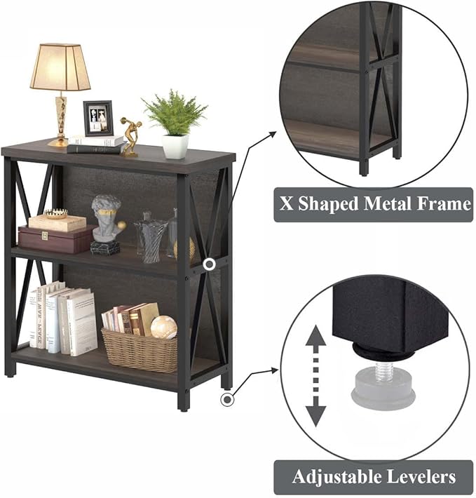 FATORRI Rustic Short 2 Shelf Bookshelf, Industrial Low Wood Bookcase, Farmhouse Small Book Case for Small Space (Walnut Brown) - LeafyLoom