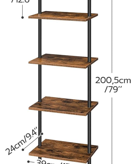 HOOBRO DIY Ladder Shelf, 6-Tier Wooden Wall Mounted Bookshelf, Narrow Bookcase, Display Shelf, Storage Rack, Plant Stand, for Living Room, Bedroom, Study, Balcony, Rustic Brown and Black BF651CJ01 - LeafyLoom