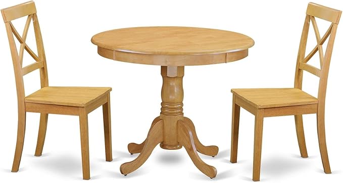 East West Furniture ANBO3-OAK-W Antique 3 Piece Modern Set Contains a Round Table with Pedestal and 2 Kitchen Dining Chairs, 36x36 Inch - LeafyLoom
