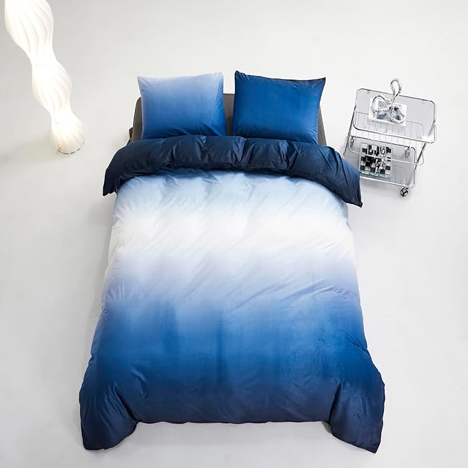 Blue White Gradient Comforter Set King Blue Velvet Bedding Comforter Modern Plain White and Royal Blue Gradient Soft Quilt Farmhouse Flannel Comforter Warm King Bed Comforter - LeafyLoom