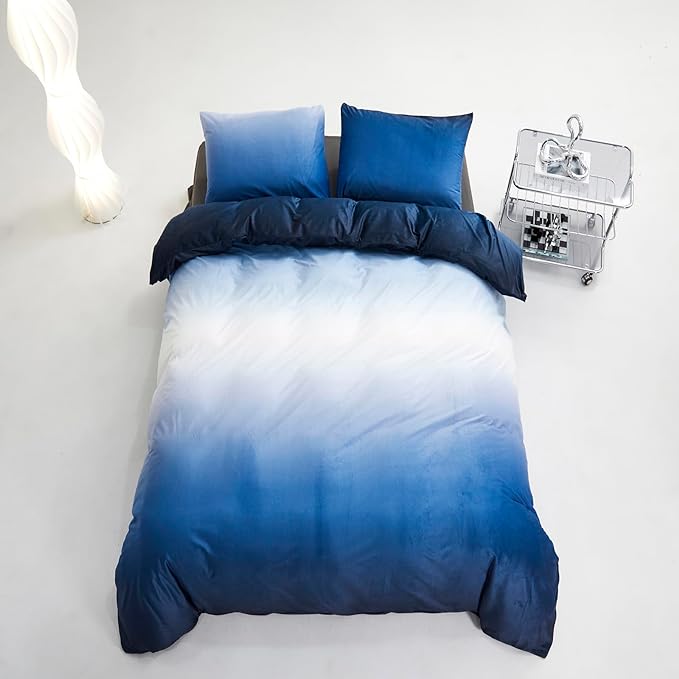Blue White Gradient Comforter Set Full Blue Velvet Bedding Comforter Modern Plain White and Royal Blue Gradient Soft Quilt Farmhouse Flannel Comforter Warm Full Bed Comforter - LeafyLoom
