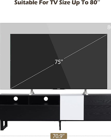 TV Stand with Double Storage Space for TVs up to 80'', Modern TV Console with Drop Down Door, Entertainment Center for Living Room, Bedroom and Home Theatre, Black+White - LeafyLoom