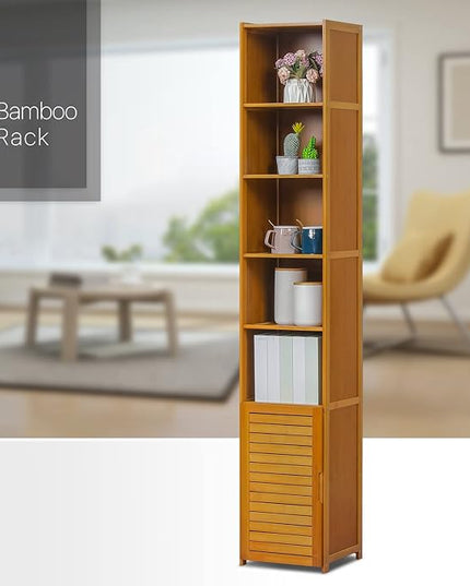 MoNiBloom Tall 7 Tier Bookcase with Door, Bamboo Freestanding Display Storage Cabinet Shelves Collection Decor Furniture for Home Living Room Bedroom, Brown - LeafyLoom