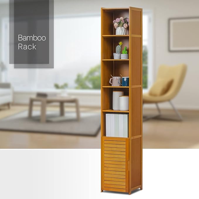 MoNiBloom Tall 7 Tier Bookcase with Door, Bamboo Freestanding Display Storage Cabinet Shelves Collection Decor Furniture for Home Living Room Bedroom, Brown - LeafyLoom