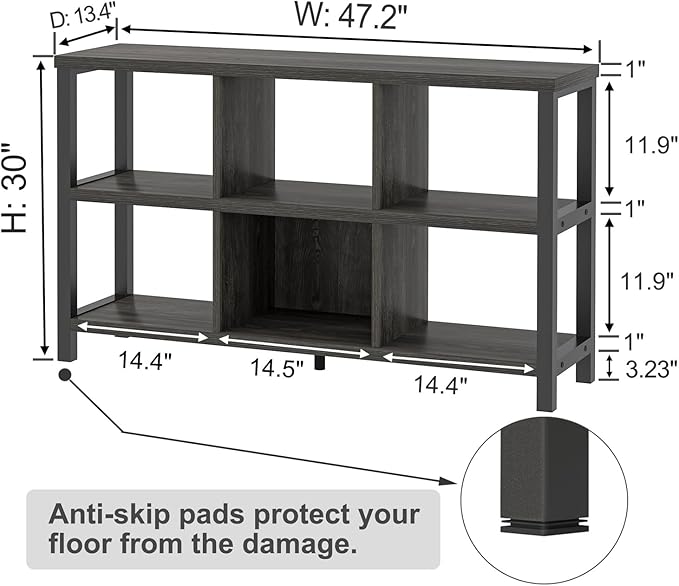 FOLUBAN 6 Cube Storage Organizer with Shelf, Wood and Metal Cubby Bookcase, Industrial Low Horizontal Bookshelf (Dark Grey, 47 Inch) - LeafyLoom