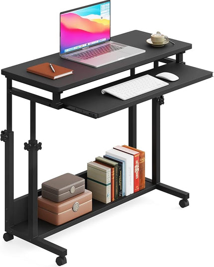Tribesigns Portable Desk for Sofa and Bed, Height Adjustable Mobile Laptop Table Small Standing Desk Rolling Computer Cart with Keyboard Tray on Wheels for Home Office (Black) - LeafyLoom