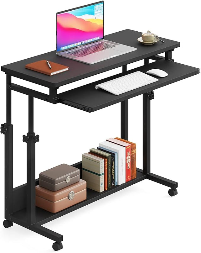 Tribesigns Portable Desk for Sofa and Bed, Height Adjustable Mobile Laptop Table Small Standing Desk Rolling Computer Cart with Keyboard Tray on Wheels for Home Office (Black) - LeafyLoom