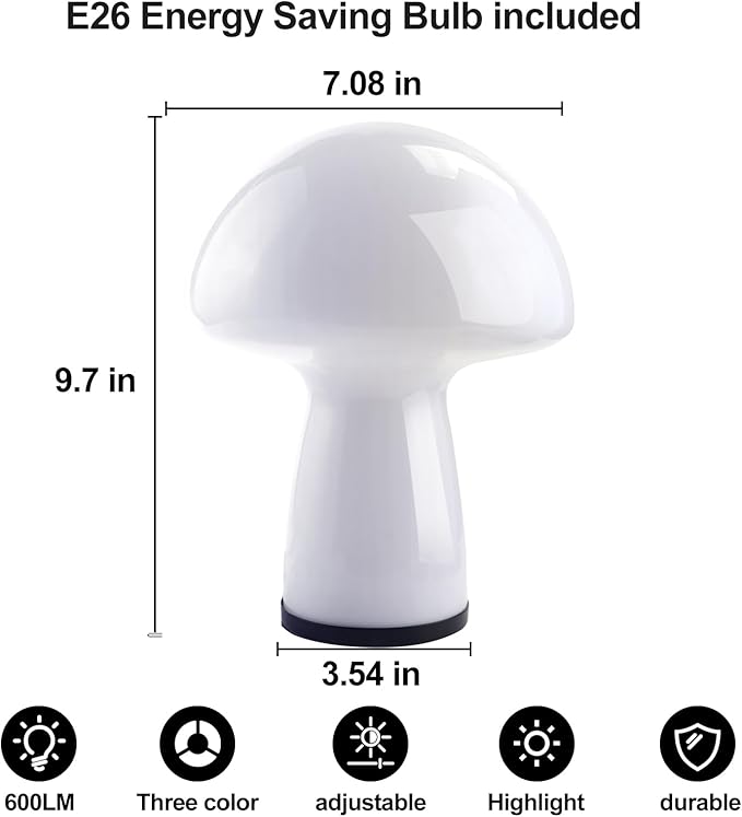 Mushroom Lamp,Glass Table Bedside Lamps,Translucent Vintage Style Striped Small Night Mushroom Decor Light for Ambient,Kids,Bedroom,Living,Gift (milk white) - LeafyLoom
