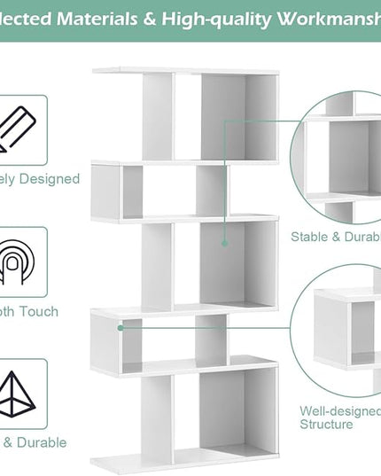 Giantex 5-Tier Geometric Bookshelf White Set of 2, 70'' Tall Wood Freestanding Decorative Display Open Shelves with Anti-Tipping Device, Each Shelf Holds up to 44 lbs, Wooden S Shaped Bookcase - LeafyLoom