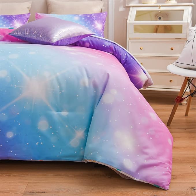 Holawakaka Kids Space Star Glitter Comforter Set Ombre Pink & Blue Print Gradient Bedding Set Twin Size (Pink Lavender, Twin) - LeafyLoom