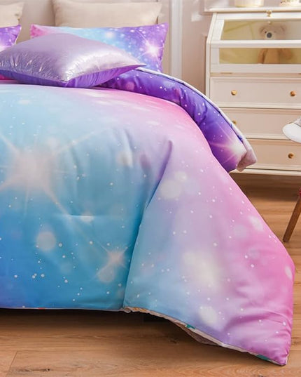 Holawakaka Girls Space Star Rainbow Glitter Comforter Set Ombre Galaxy Print Gradient Reversible Bedding Set Full Size Kids Bed Sets (Pink Lavender, Full) - LeafyLoom
