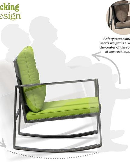 3 Piece Rocking Bistro Set - Synthetic Wicker Outdoor Furniture - Glass Coffee Table with 2 Chairs for Balcony, Patio & Porch - Black Metal, Soft Cushions (Green) - LeafyLoom