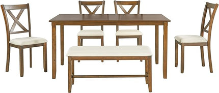 RITSU 6-Piece Family Rectangular Dining Table Set with 4 Upholstered Fabric Chairs and Bench, w/Rubberized Solid Wood Structure X-Shaped Backrest, Suitable for Living Room, Kitchen, Natural Cherry - LeafyLoom